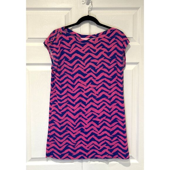 Pink & Blue Chevron Bird Print Dress Casual Sleeveless Short Mini M‎ - Picture 9 of 10